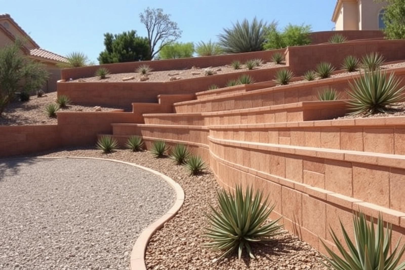 Terraced block retaining walls with desert planting